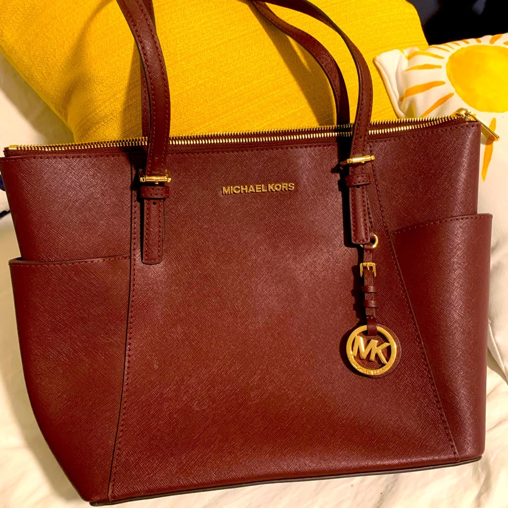 Michael Kors Burgundy Saffiano Leather Tote with Gold Hardware